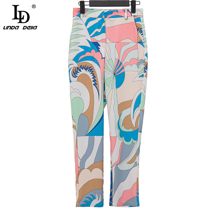 Fashion Runway Autumn Women Shawl Collar Single Button Long jacket Top and Print Full Length Pants 2 Pieces Sets 210522