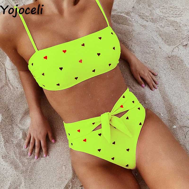 Yojoceli Elegant heart print bow swimming suit for women Summer beach cool swimwear girl Sexy strap 2 pieces tankini 210609