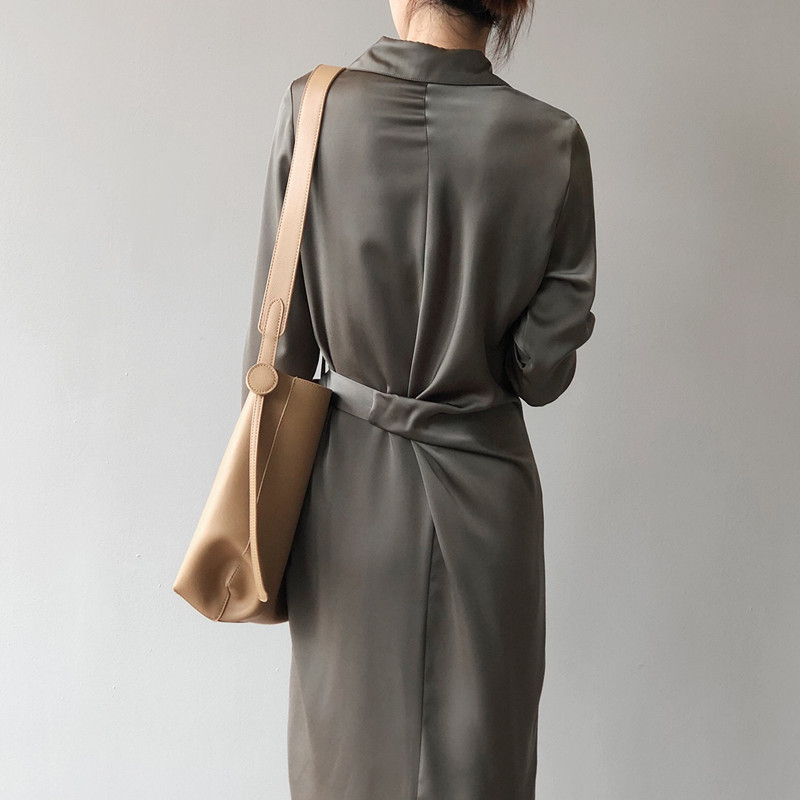 Autumn Spring Fashion Work Wear Lapel Shirt Dress Women Chic Elegant OL Single Breasted Satin Long Dresses Vestidos 210421