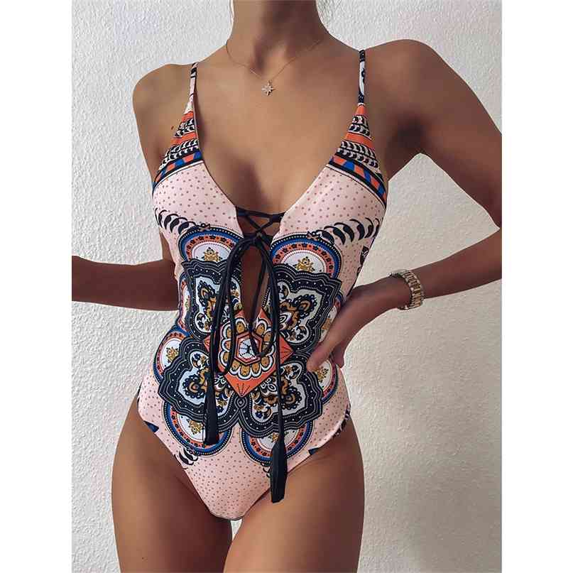 Vintage Print Swimsuit Women Swimwear Bandage Bodysuit Push Up Monokini Summer Bathing Suits Beach Wear 210625