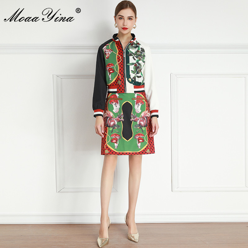 Fashion Set Spring Women's Long sleeve jacket Tops+Mushroom Chestnut Squirrel Print Skirt Two-piece set 210524