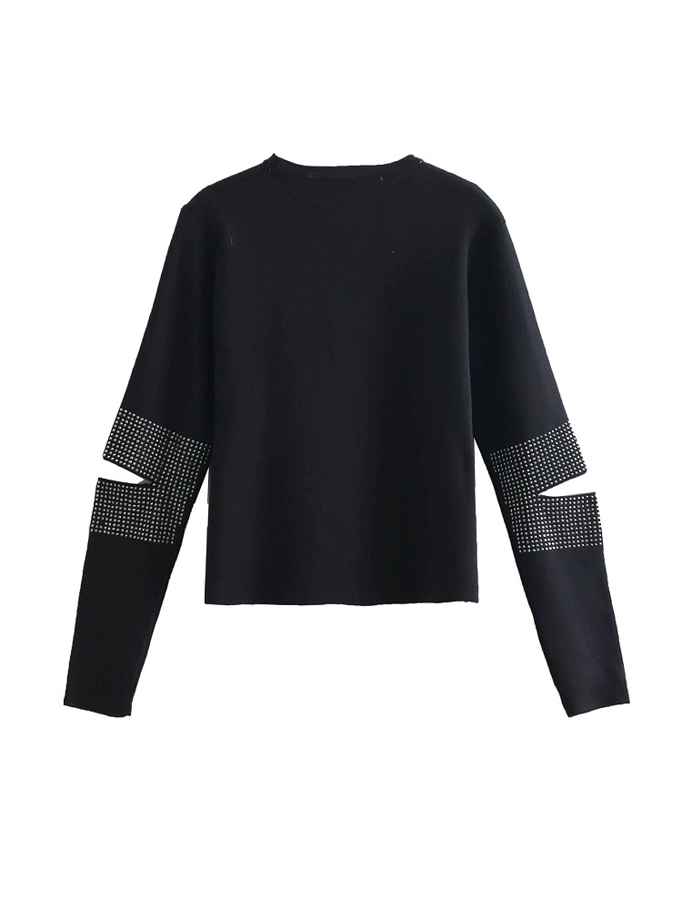 BBWM WOMAN Shinning Beading Hole Sleeve Black Sweater Fashion Women O-Neck Pullovers Casual Female Knitwear 210520