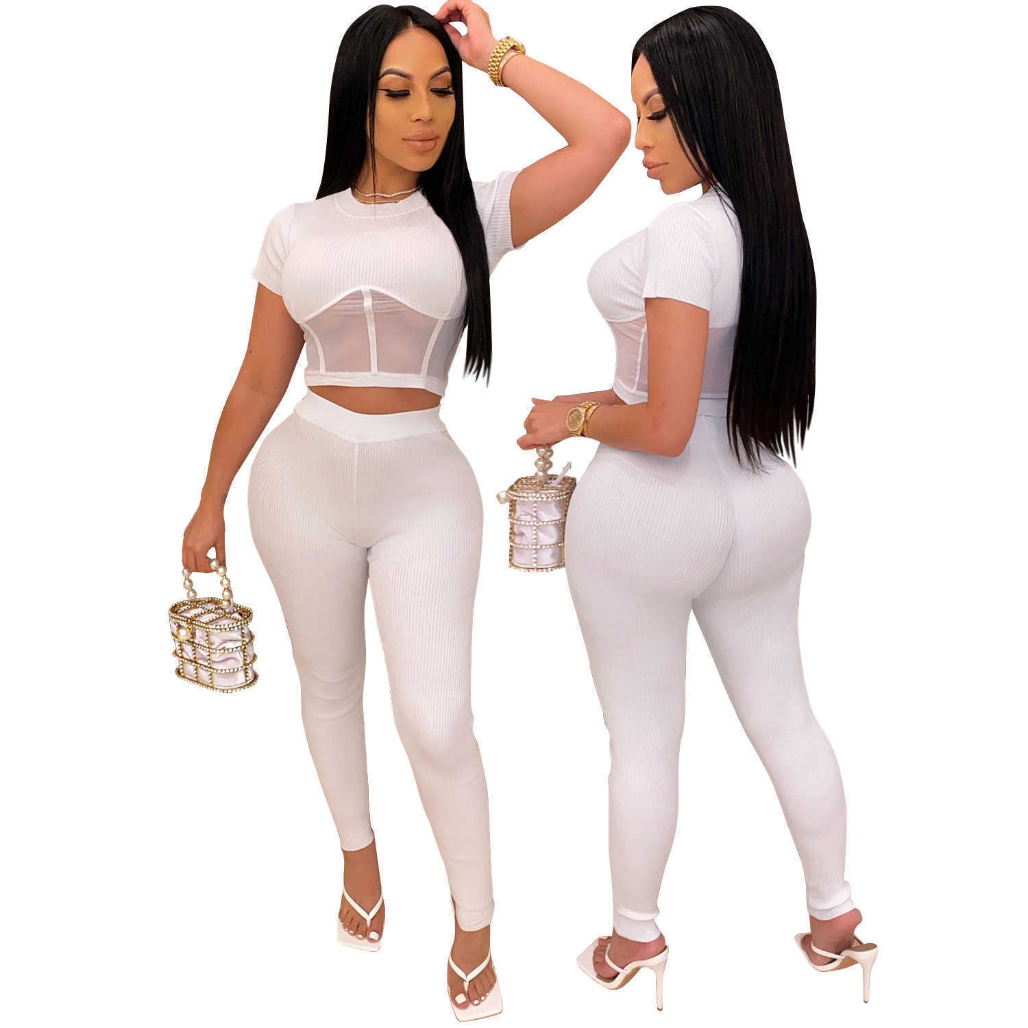 Designer New Women's Tracksuits Women Two Piece Set tracksuits Designer Mesh perspective short sleeve pencli Pants Suit Night Club Party Casual L