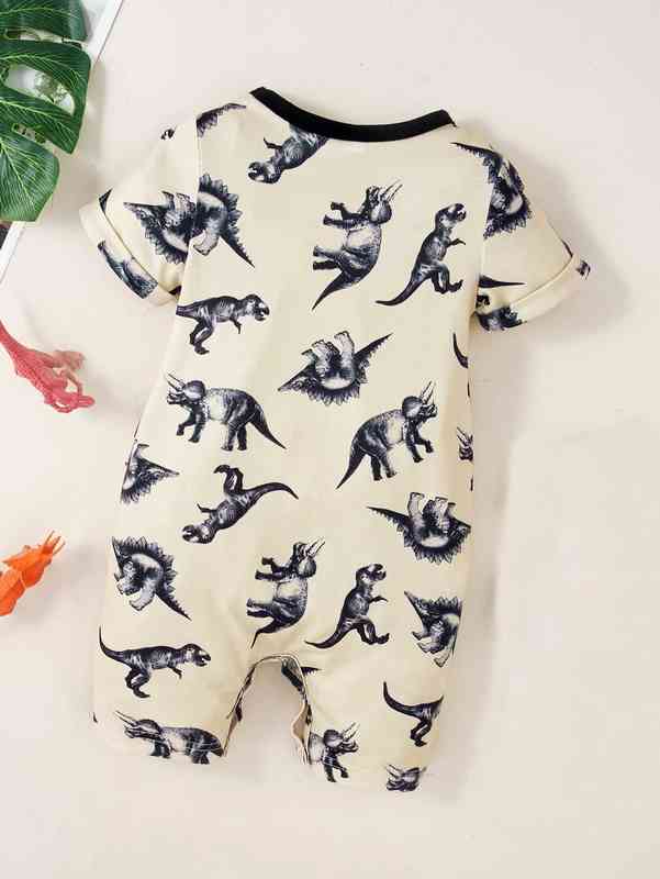 Baby Dinosaur Print Contrast Binding Romper SHE