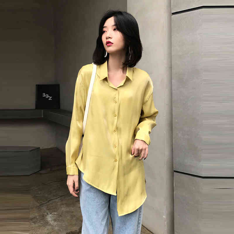 Arrival Spring Autumn Women Long Sleeve Asymmetry Loose Shirts Lustre Satin Face Lacing Blouse Tops Female Blusas S429 210512