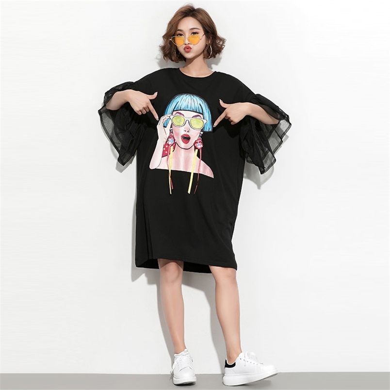 Plus Size Women T-shirt Spring Summer Puff Sleeve Oversize Loose T-Shirt Cartoon Casual Long Tshirt Tees Large Tops H9760 210512