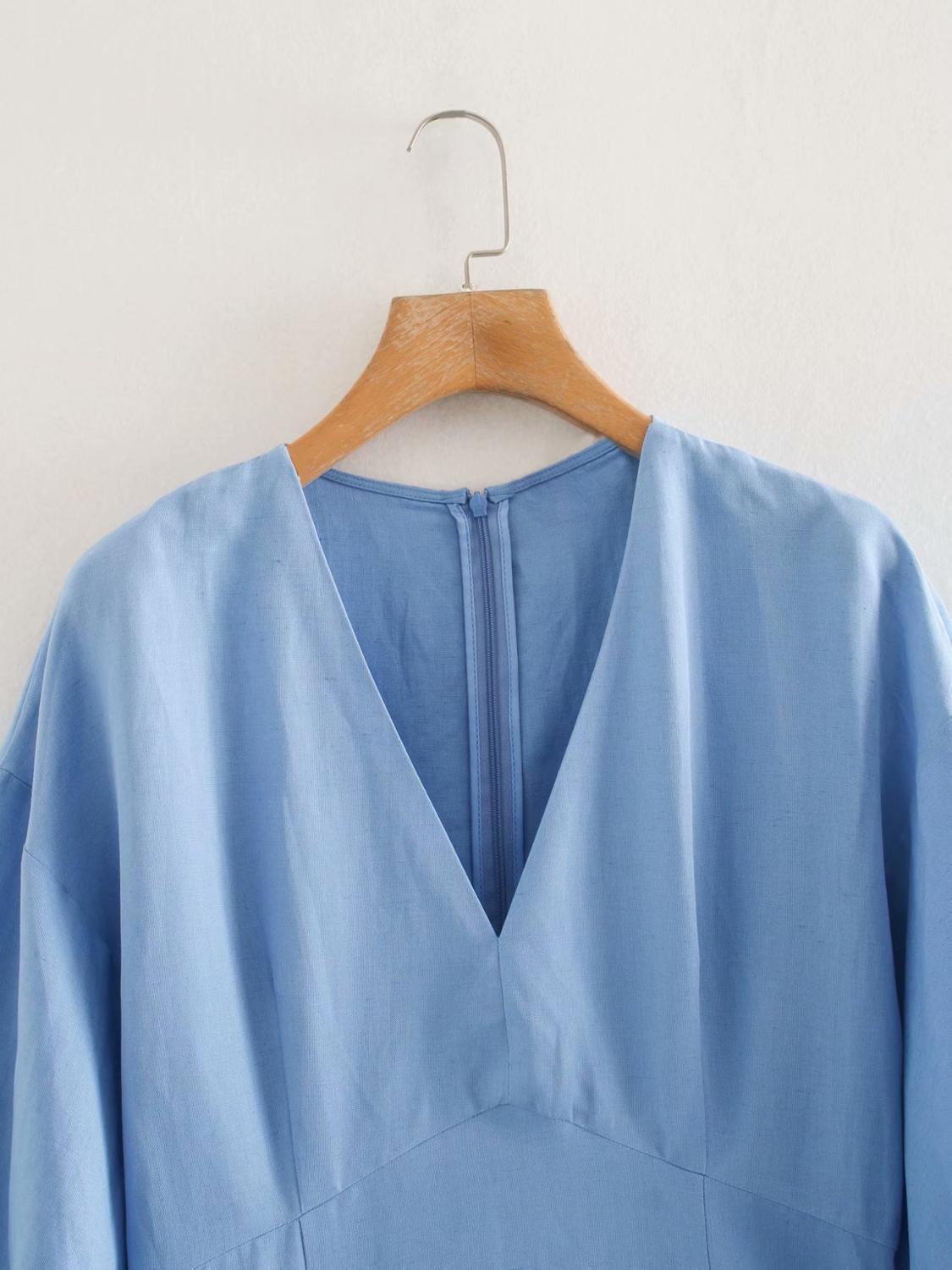 Solid Color Casual Puff Sleeve V-neck Midi Women's Dress Simple Style and Calf Leisure Vacation Chic Female Dresses 210507