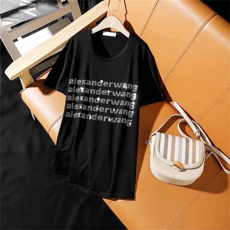 Summer plus size clothing street Casual loose short-sleeve T-shirt for women fashion letter hot diamonds female tops & tees 210406