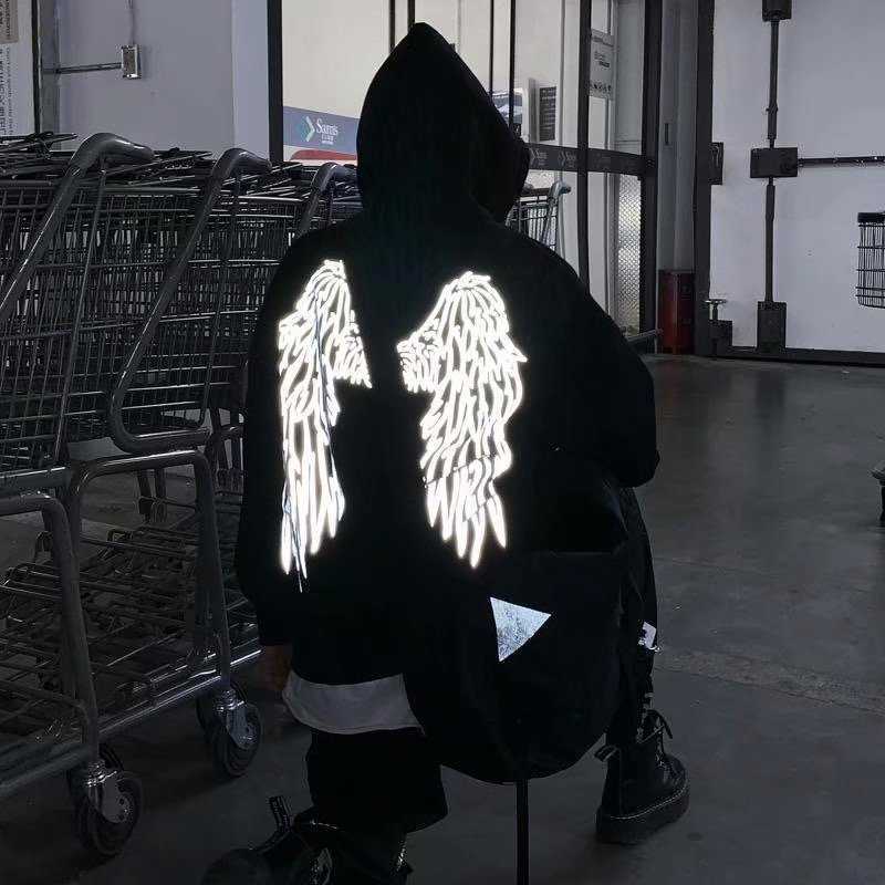 long sleeve reflective shirt Harajuku japan oversize black angel wing shiny cloth with a hood hoodies 210813