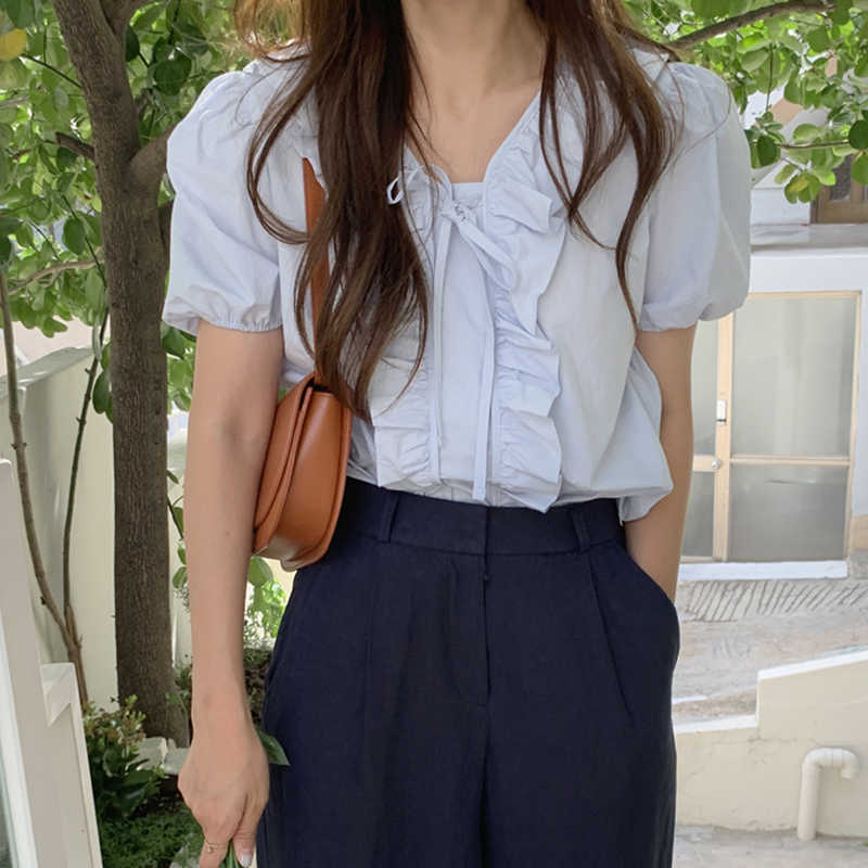 Sweet Ruffle Patchwork Womens Tops Chic Bow Tie V-neck Puff Sleeve Blouses Summer Korean Blusas Shirt 6J597 210603