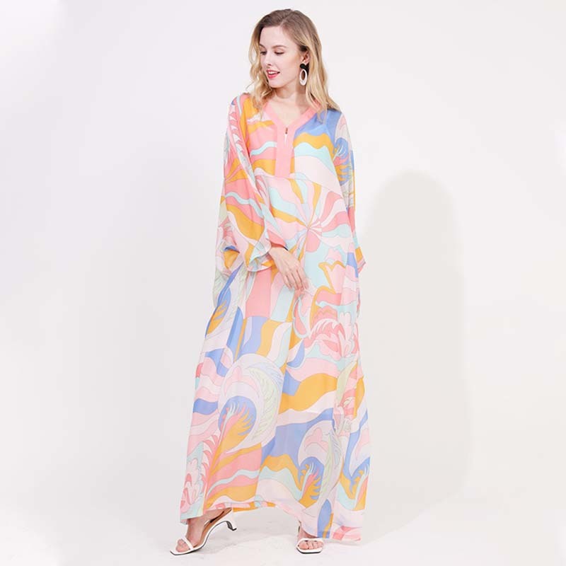 VKBN Spring and Summer Dresses Woman Party Night Seaside Resort Beach Print Flare Sleeve V-Neck Fashion Elegant Dress 4233 210507