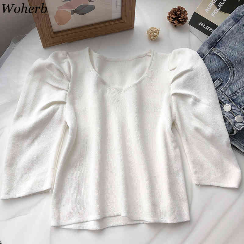 Crew Neck Short-sleeved Sweater Bottoming Shirt Women's T-shirt Loose Thin Striped Puf Sleeve Vintage Spring Summer Blusa 210519