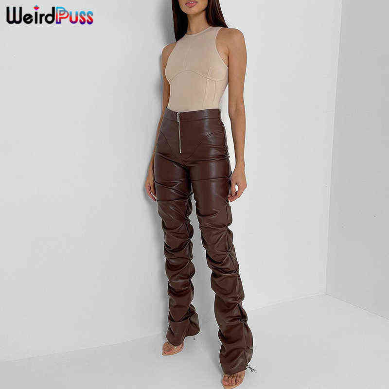 Puss Faux Leather Weird Pants Cyber Y2k Vintage Stacked Zipper Side Slit Drawstring Pencil Pants Trend Streetwear Slim Outfits Y2