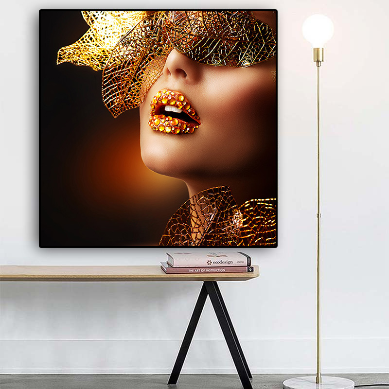 Nordic Modern Gold Lips Fashion Sexy Women Painting Canvas Pop Art Posters and Prints Scandinavian Wall Picture for Living Room