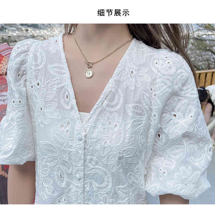 Summer Women Vintage Hollow Out Embroidery Puff Sleeve Casual Dress Female Elegant V-Neck Single-Breasted White 210519