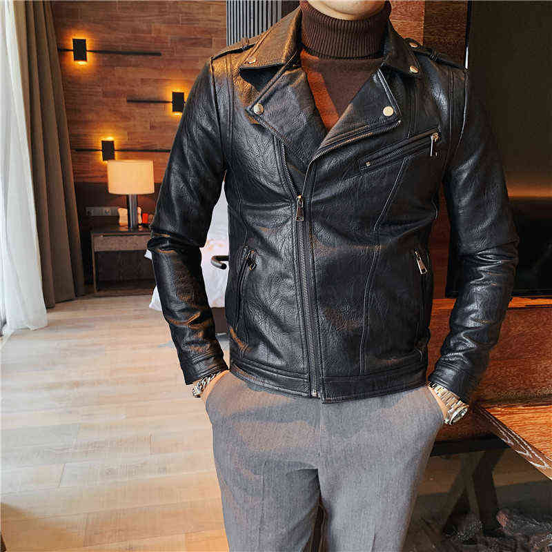 High Quality Autumn Winter Fashion Diagonal Zipper Pu Leather Jacket Men Clothing Slim Fit Turn Down Collar Casual Coat 3XL 211111