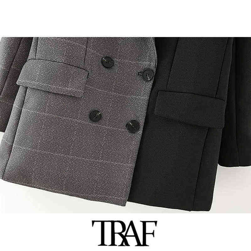 TRAF Women Fashion Double Breasted Patchwork Blazer Coat Vintage Long Sleeve Pockets Female Outerwear Chic Tops 211122