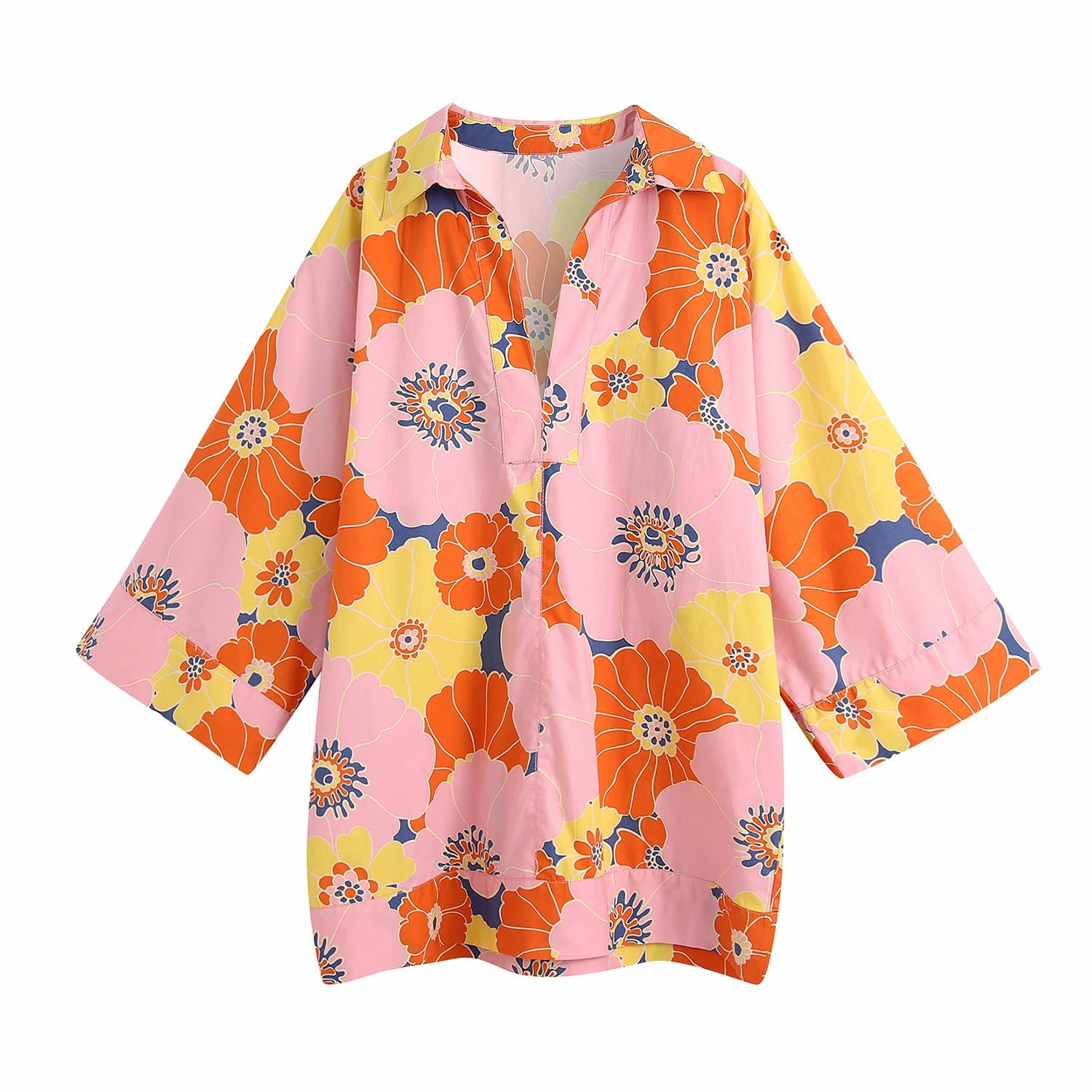 Women's Lapel Printed Loose Pullover Kimono Shirt Long Sleeve Plus Size Harajuku Chic Female Top 210507