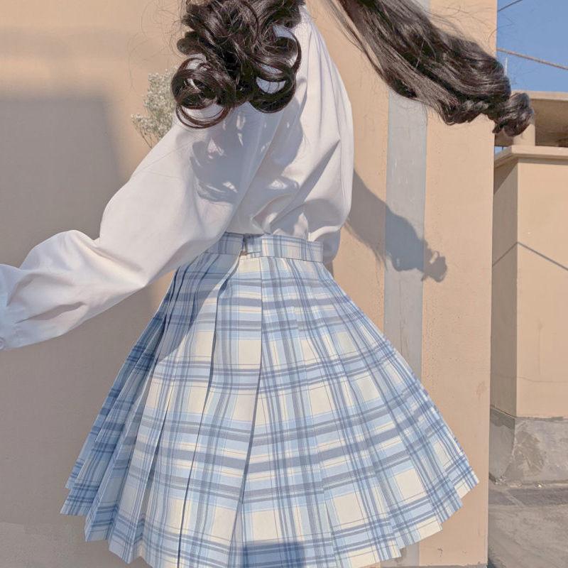 Clothing Sets Japanese School Girls High Waist Pleated Skirts Blue Plaid Women Dress Long/Short Sleeve JK Uniform