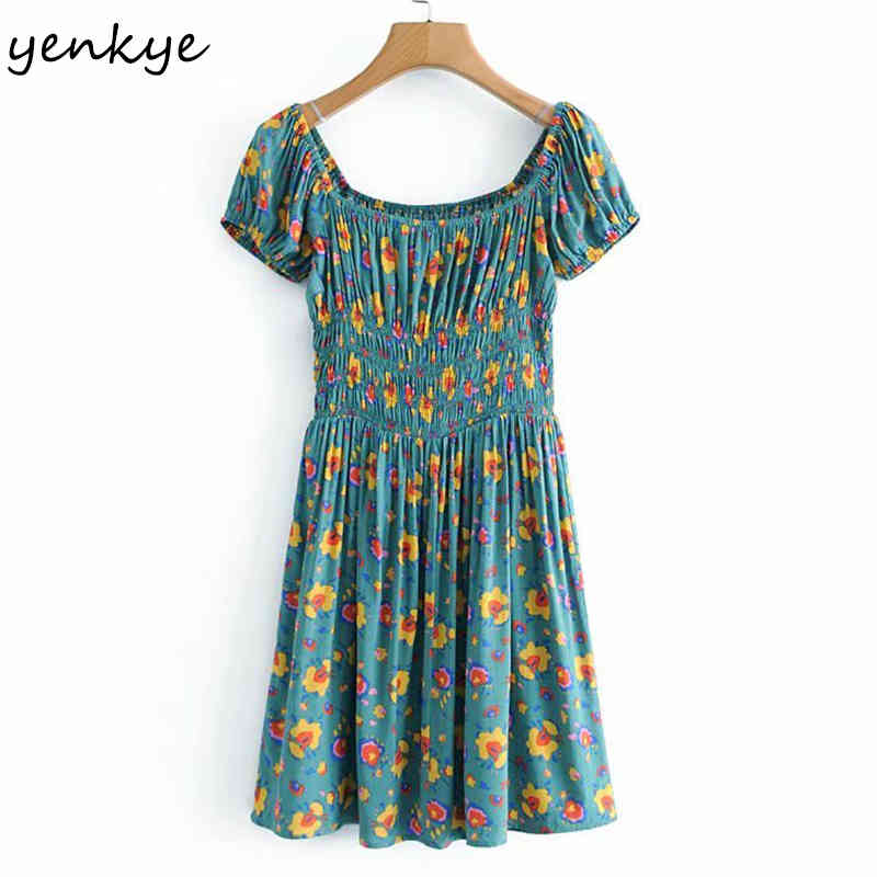 YENKYE Holiday Summer Dress Women Sexy Square Neck Short Sleeve Elastic Waist A-line Casual Dress Vintage Green Print Robe 210515
