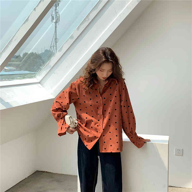 Arrival Autumn Women Turn-down Collar Long Sleeve Loose Shirt all-matched Casual Polka Dot Corduroy Blouse Tops S391 210512
