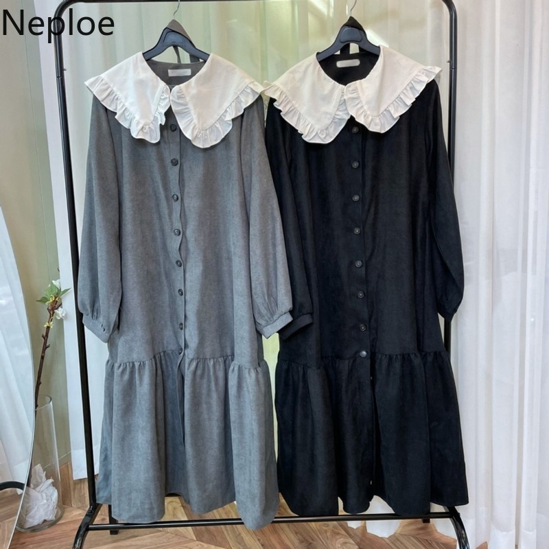 Neploe Korean Chic Maxi Dresses Women Temperament Peter Pan Collar Ruffles Vestidos Single Breasted Loose Lace Up Elegant Dress 210422