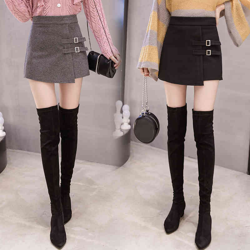 Harajuku Black High Waist Skirt Woolen Short Skirts Womens Fall Winter Korean Fashion Wool Mini Skirts Lolita Kawaii Women Skirt 210408
