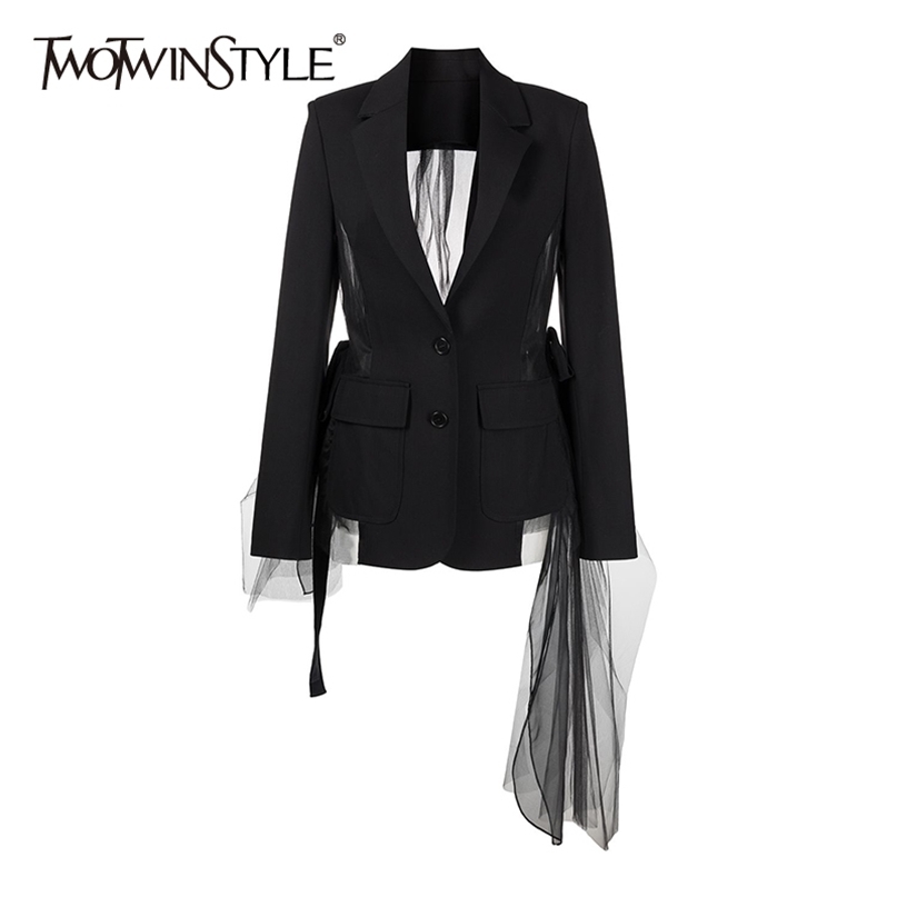 TWOTWINSTYLE Casual Black Irregular Blazer For Women Notched Long Sleeve Korean Patchwork Blazers Female Fashion Summer 211122
