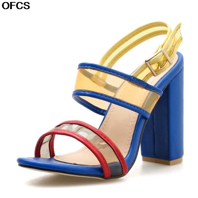 Women Sandals Sexy Women's Party High-Heel Blue PVC Transparent Casual Square High Shoes, Black