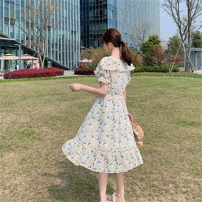 French Off Shoulder Dress Ladies Summer Korean Elegant Floral Print Chiffon Dresses For Temperament Women Skirt Vestidos 210515