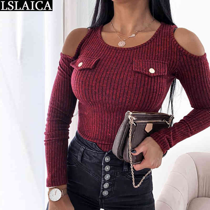 Fashion Knitted Tops Night Club Casual Pullovers Women Clothing Skinny Solid Color Hollow Out Off Shoulder Blusas De Mujer 210515