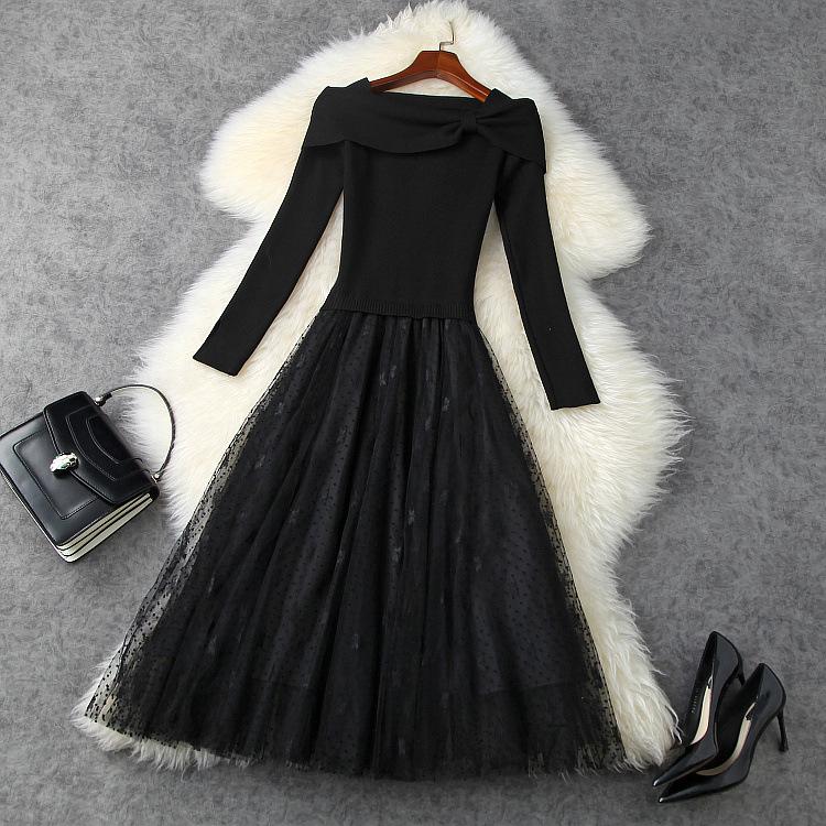 European And American Women's Wear 2021 Winter Style Long Sleeve Knitted Splicing Bowknot Net Fashionable Dress Casual Dresses