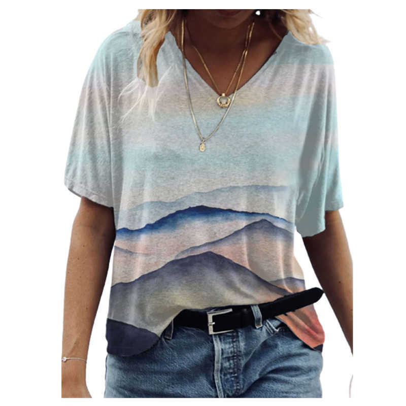 Oversize Women T Shirt Summer Casual Landscape Print Streetwear V-Neck Short Sleeve Pockets Loose Tee Tops Plus Size Ladies Tees 210526