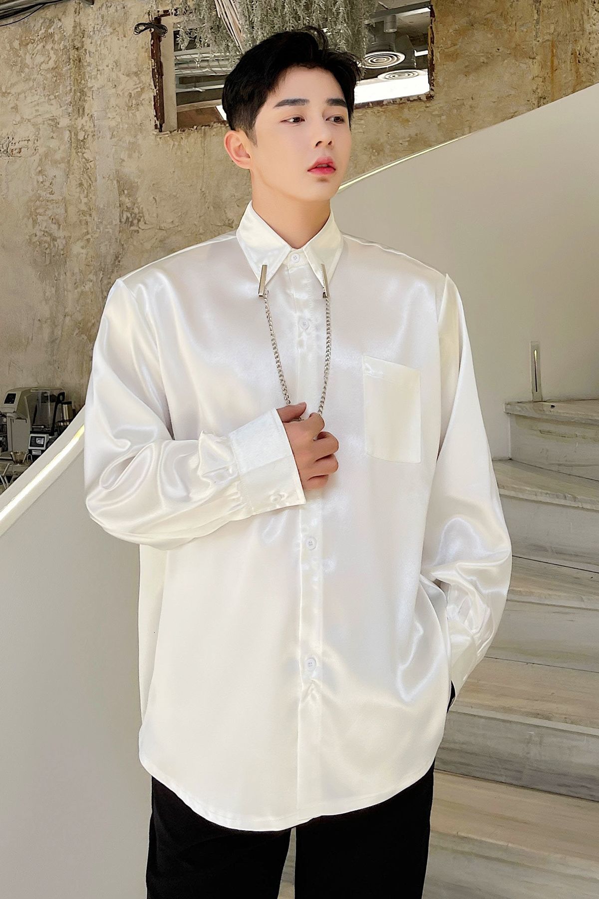 IEFB Fluorescent color shirts for men Korean streetwear fashion long sleeve tops trendy big size causal lapel clothing 210524