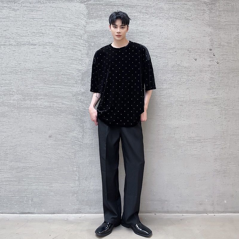 IEFB Men's Summer Black Velour Short Sleeve T-shirts Round Collar Drilling Dot Causal Tee Tops For Male 9Y7028 210524