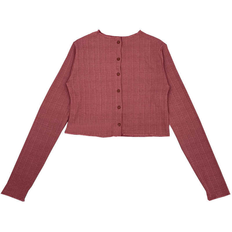 WOMENGAGA T-shirt Korea Spring Products Chic Short Waist Button Long-sleeved Top Women's Clothing Women Tops XG3I 210603