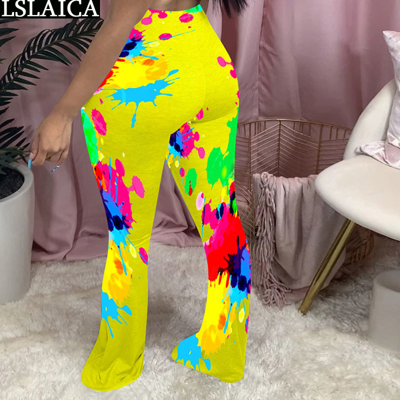 Women Pants Tie Dye Print Streetwear Casual Long Trousers Mid Waist Elastic Wide Leg Flare Female Mujer Pantalones 210515