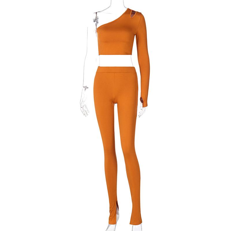 Long Sleeve One-Shoulder Hollow Out Cut Solid Tshirt Top Leggings 2 Pieces Set Autumn Winter Women Tracksuit Women's Tracksuits