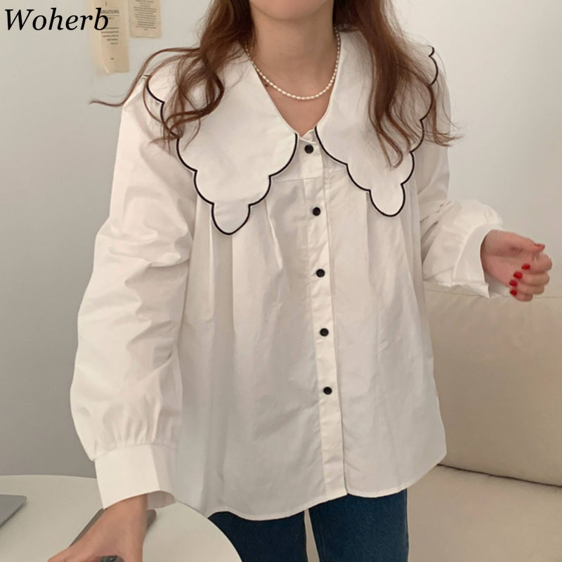 Korean Peter Pan Collar Blouse Women Long Sleeve Shirt Spring Summer Elegant Kawaii Chic Blusas De Mujer 210519