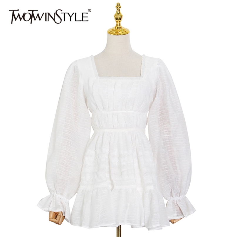 Temperament Minimalist White Dress For Women Square Collar Long Sleeve High Waist Mini Dresses Female Fashion 210520