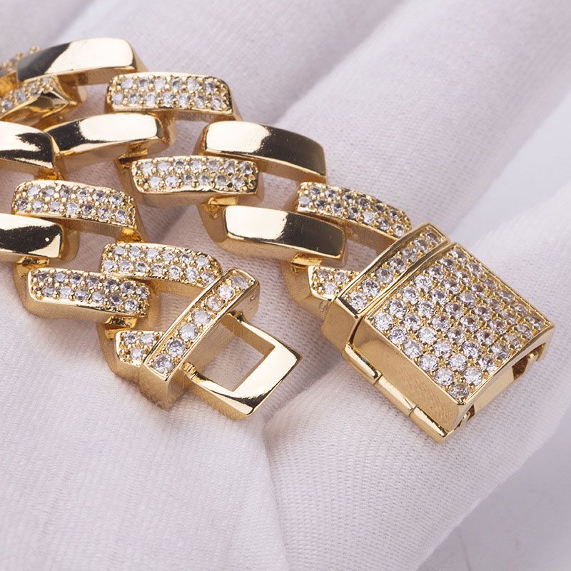 14mm Iced Out Square Cuban Miami Link Chain Bangle Bracelet for Men 18K Gold Plated New Fashoin Micro Paved AAA Cubic Zirconia Bling Hip Hop Rapper Pu