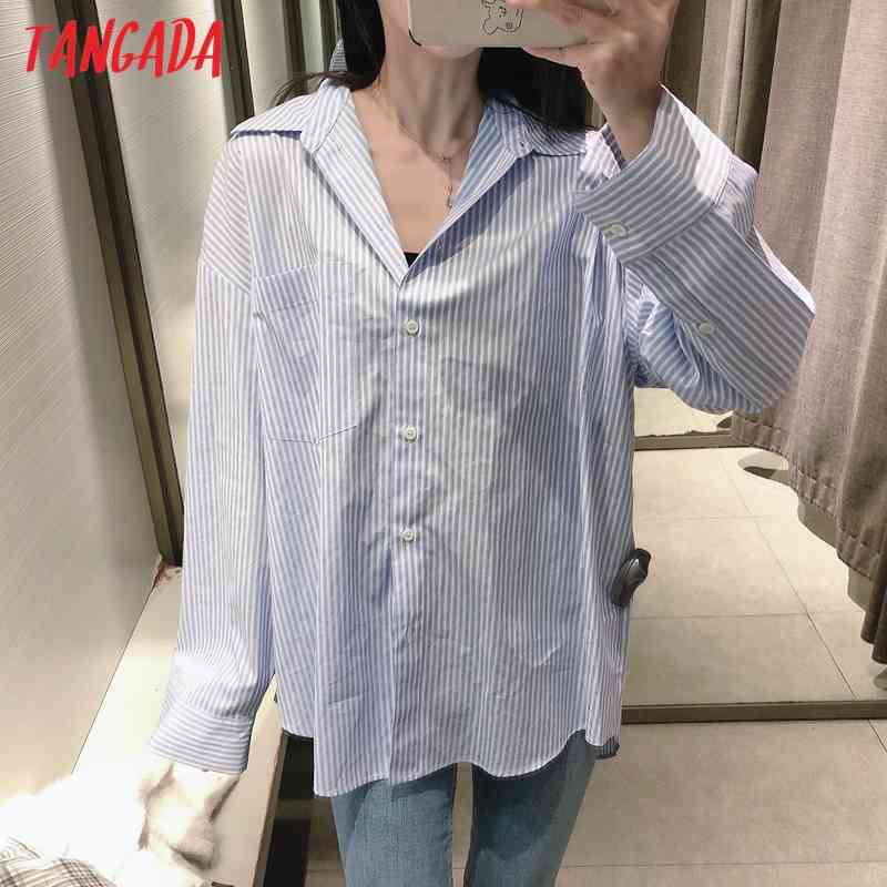 Women Blue Striped Boyfriend Style Shirt Turn Down Collar Long Sleeve Chic Female Casual Tops Blusas 3H196 210416