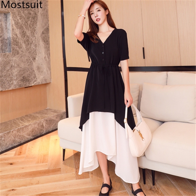 Summer Color-blocked V-neck Long Maxi Dress Women Short Sleeve Asymmetrical Korean Fashion Elegant Vestidos Dresses Femme 210518, Black
Summer Color-blocked V-neck Long Maxi Dress Women Short Sleeve Asymmetrical Korean Fashion Elegant Vestidos Dresses Femme 210518, Black