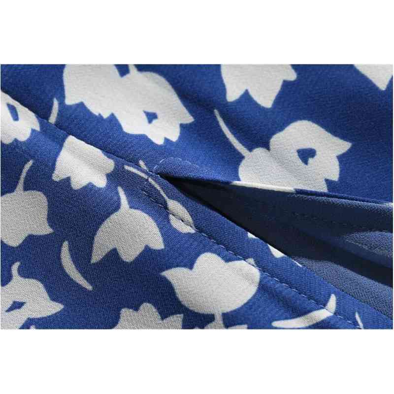 Retro Blue White Floral Print Lacing up 3/4 sleeve Mid Long Slit Dress Woman Vintage French Chiffon Split Dresses Holiday 210429