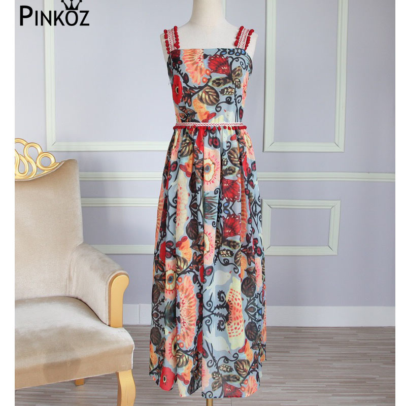 Elengant Flower Print High Waist Spaghetti Midi Dress Party Holiday Style Tassel A-line Long Dresses Vestidos 210421