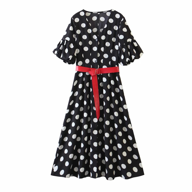 boho women elegant dots print belt dress casual female long dresses sweet bohemia vestidos cute girls chic 210430