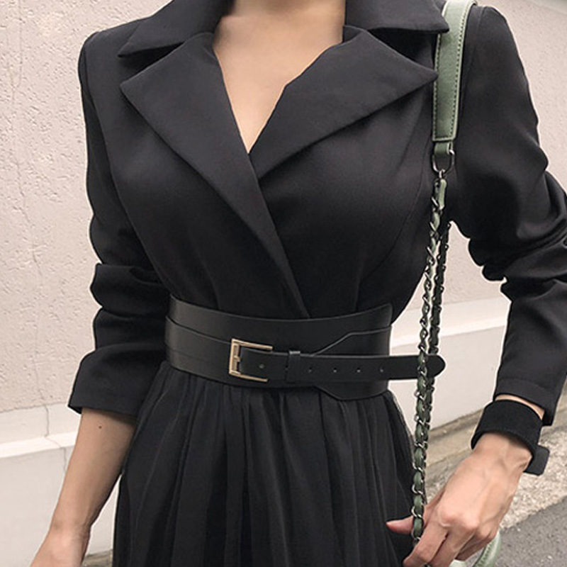 Elegant Blazer Dress Spring Casual Mesh Patchwork Long Sleeve With Belt Big Swing es Vestidos 210520
