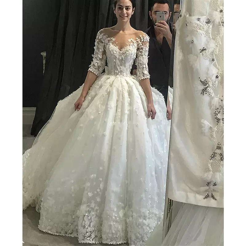 Half Sleeves Ball Gown Wedding Dresses Bridal D Floral Applique Handmade Flowers Beads Scoop Neck Cathedral Train Custom Made Arabic Plus Size Vestido