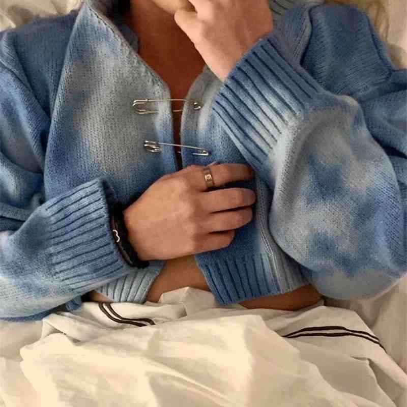 Korea Style Vintage blue Tie dye Big pin Cardigan Sweater Sexy V neck Long Sleeve Loose Short Jumper Coll girl Streetwear 210429