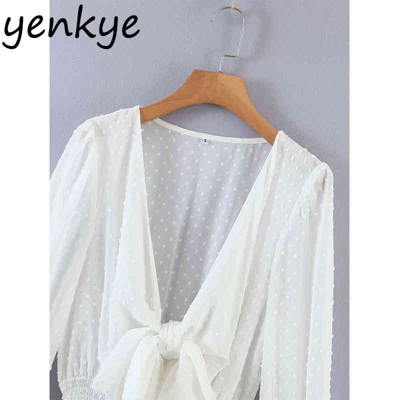 Women White Chiffon Dress Sexy Knot V Neck Long Sleeve Summer Elegant Ladies Elastic Waist A Line Vestido 210430
